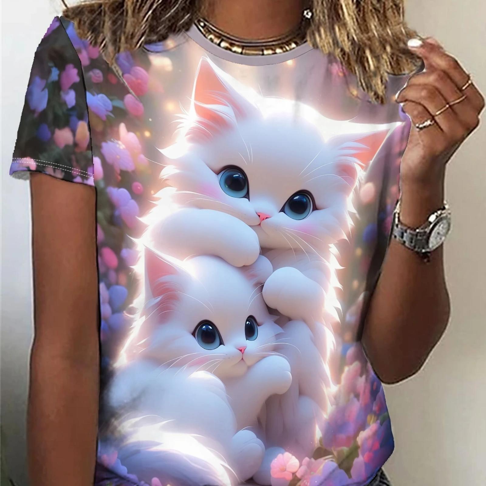 

Весенне-летняя повседневная футболка с короткими рукавами и 3D принтом котенка, большая женская одежда