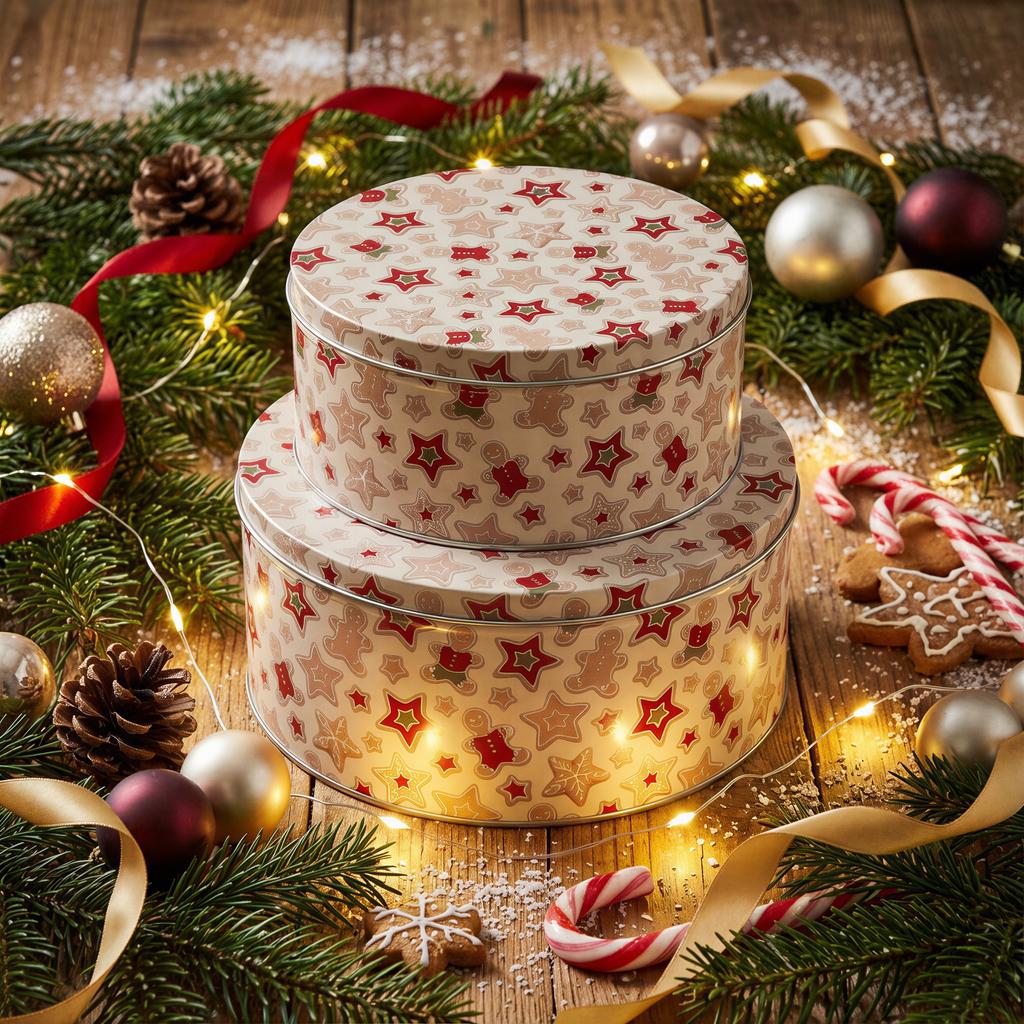 CHRISTMAS TIN BOX 2 PCS FOR COOKIES, GINGERBREAD, SWEETS, RODS 20 cm