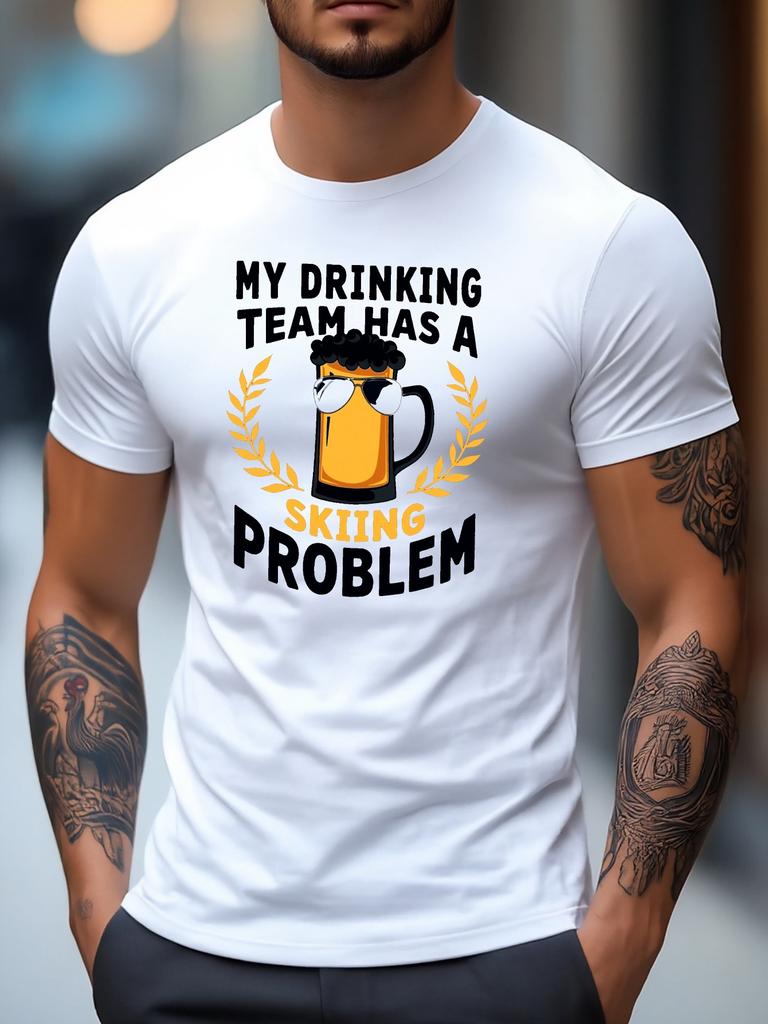 Unisex Cotton Tee Beer Skiing Slogan Graphic Short Sleeve Crew Neck Casual Street T Shirt For Outdoor Beer Fans Summer Daily Tops