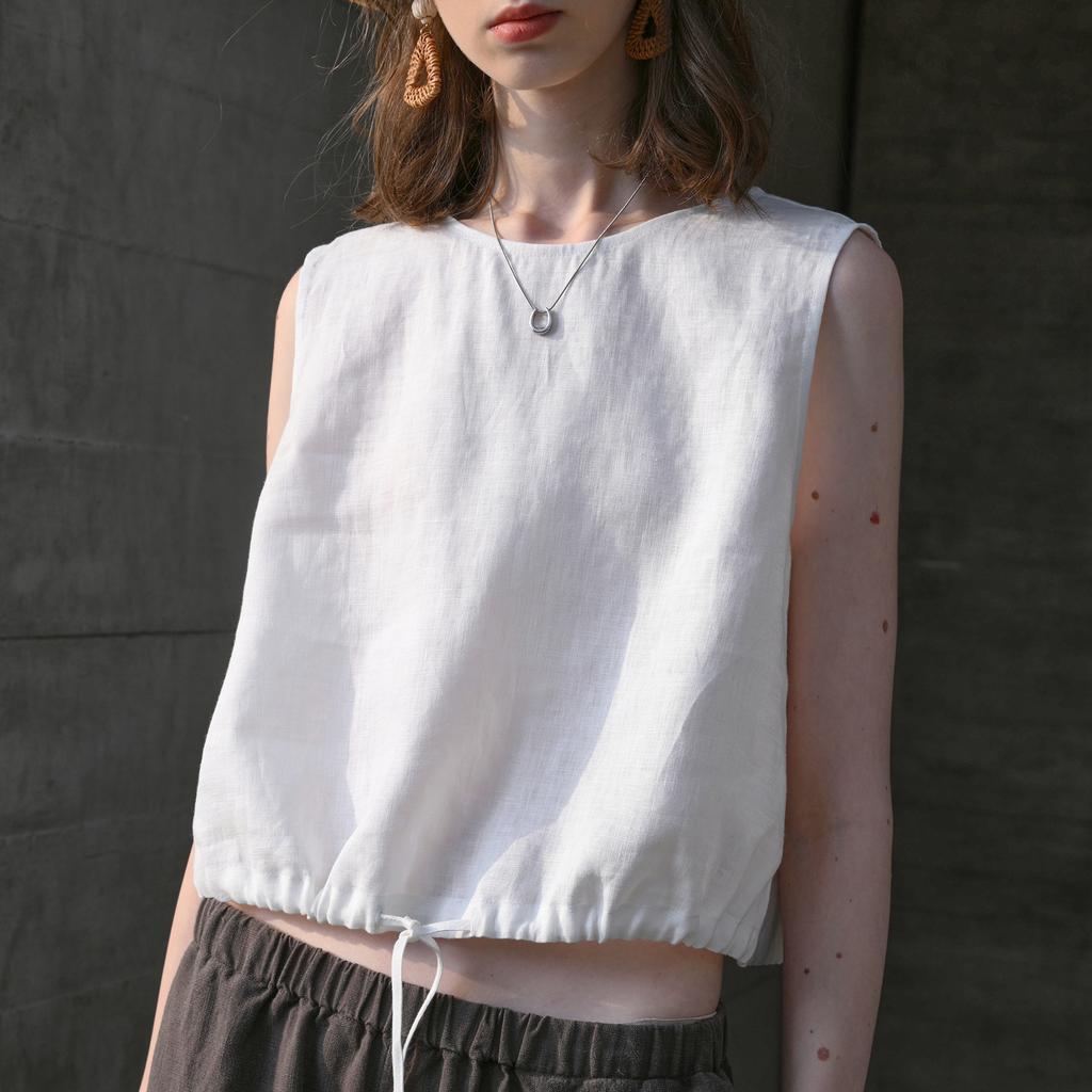 Women's Summer Breathable Short Sleeveless Casual Linen Tank Top, Loose-Fitting Crop Top in Cotton-Linen Blend