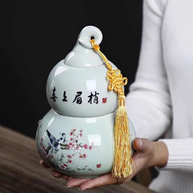 Gourd Shaped Double-layer Tea Caddy Ceramic Tea Storage Tank Non Woven Cover Sealed Tea Can Porcelain Ornaments Nut Storage Pot