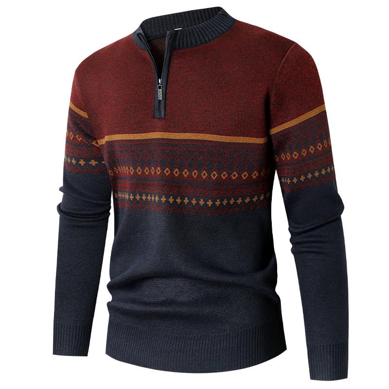 Herren Trendiger Gestreifter Strickpullover 2023: Rundhalsausschnitt, Halbreißverschluss, Lockere Passform.