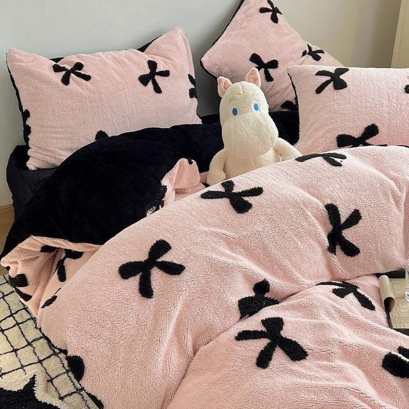 Thickened Milk Fleece Four-Piece Set, Flange Coral Fleece Quilt Cover, Bed Sheet Three-Piece Set