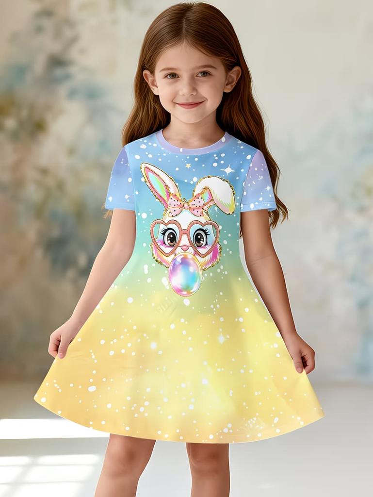 Girl Clothes Cute Rabbit Graphic Printed Girls' Princess Dress Summer Casual Dress for Girls Outfit O-Neck Birthday Gift Clothes