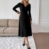 Elegant V-Neck Leopard Print Long Sleeve Knit Dress High Waist A-Line Midi Womens Outfit