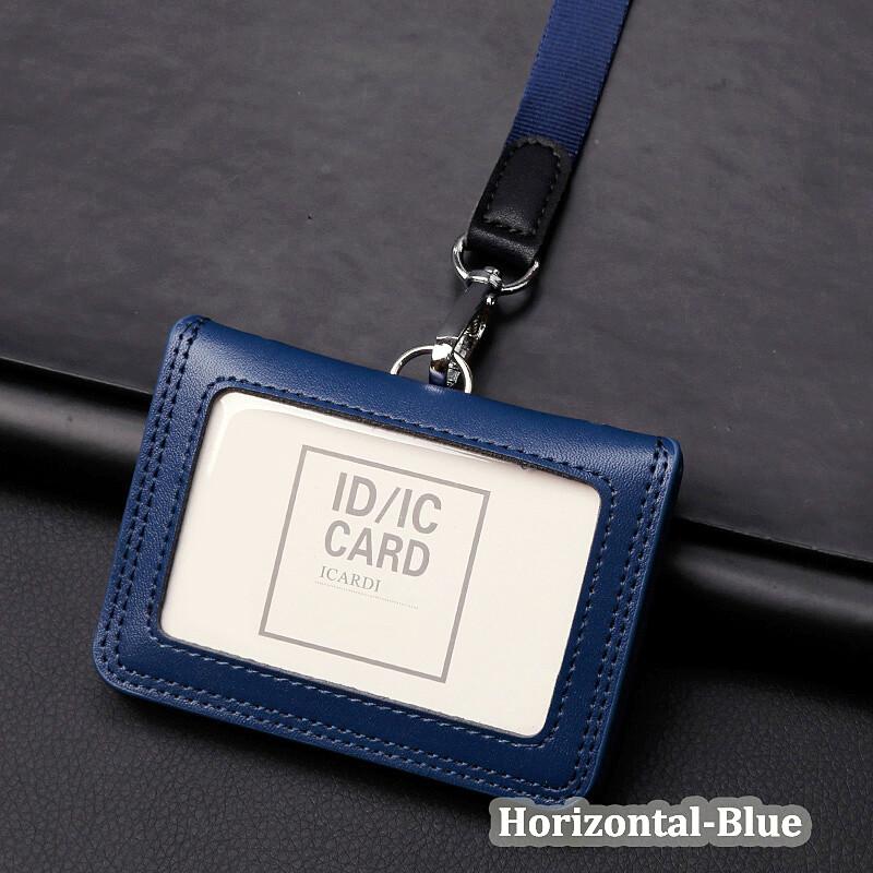 

Badge ID Credit Card Holder Real Leather Name Tag Chest Cards Cases Pouch with Lanyard Formal Business Black Blue Brown