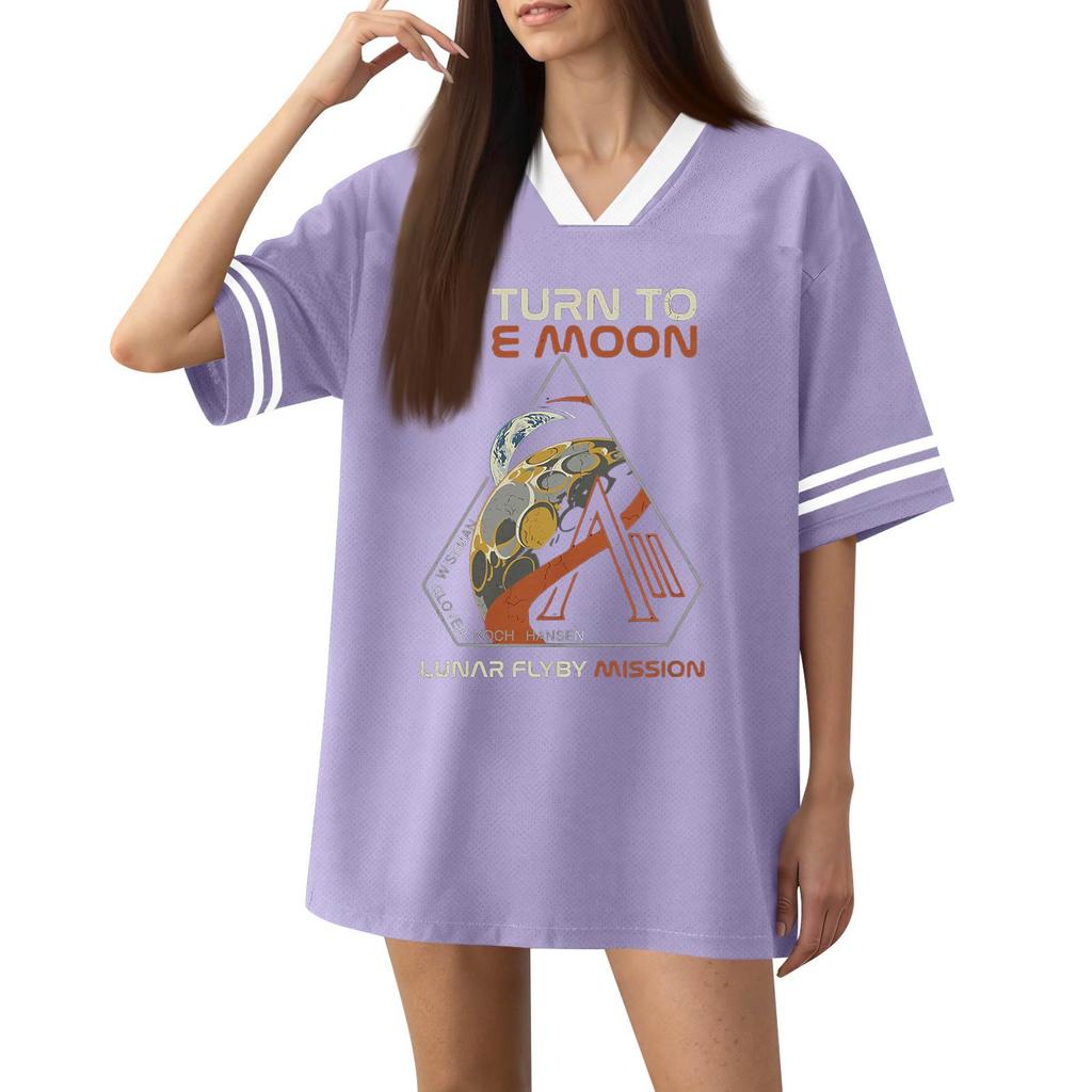 Women Fashion Short Sleeve V Neck Printed Sports Jersey T Shirt Top Casual Loose Fit Lightweight Breathable Fabric