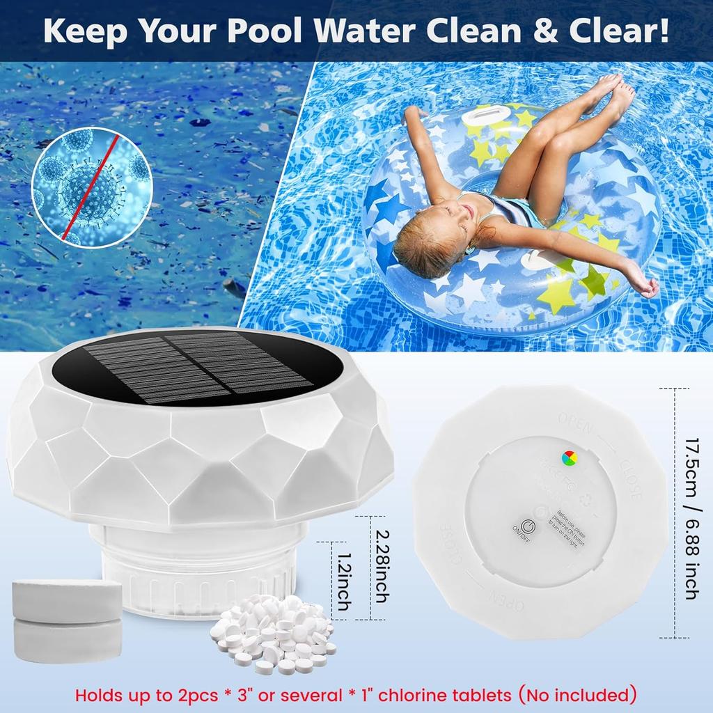 Gusio Solar Pool Chlorine Floater for Up To 3 Inch Tablets, Floating Chlorine Dispenser with Colorful Ball Light