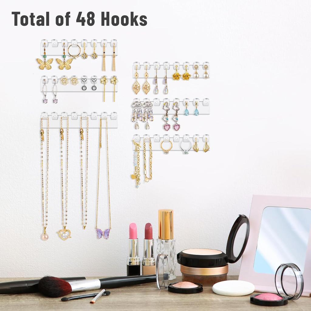 NiHome 6-Pack 48 Hooks Wall-Mounted Clear Plastic Jewelry Organizers for Earrings, Necklaces, Bracelets, Rings, Studs, No-Drill Adhesive tallation