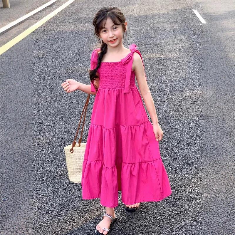 Girls' Summer Spaghetti Strap Beach Dress - Fresh, Stylish Vacation Wear for Big Girls