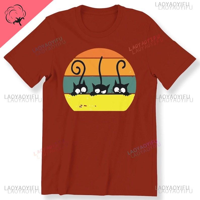 Three Cat Retro for Men Women and Kids Printed Tshirt Black Cute Cats Retro Cat Lovers Top Graphic Tee Retro Cotton Streetwear