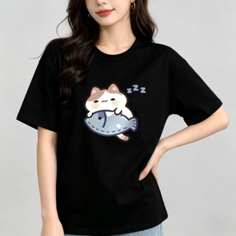 100 Cotton Round Neck Unisex T Shirt Cute Cartoon Sleeping Cat Hug Fish Zzz Graphic Short Sleeve Casual Basic Tee Multi Shades