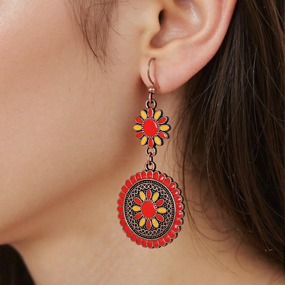 12 Colors Ethnic Vintage Enamel Sun Flower Earrings for Women Elegant Fresh Dangle Earrings Boho Vacation Party Jewelry