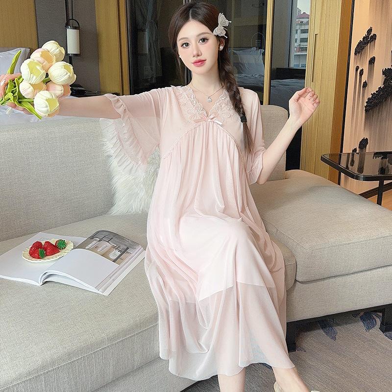 Princess Ling Lei French Nightdress Women'S Summer Mesh Sweet Pure Wind Short-Sleeved Long Dress Pajamas Loungewear