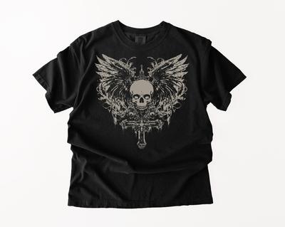 Unisexs Gothic Skull  Wings Graphic TShirt  Crowned Skeleton with Dripping Cross  Dark Streetwear  Oversized Tee