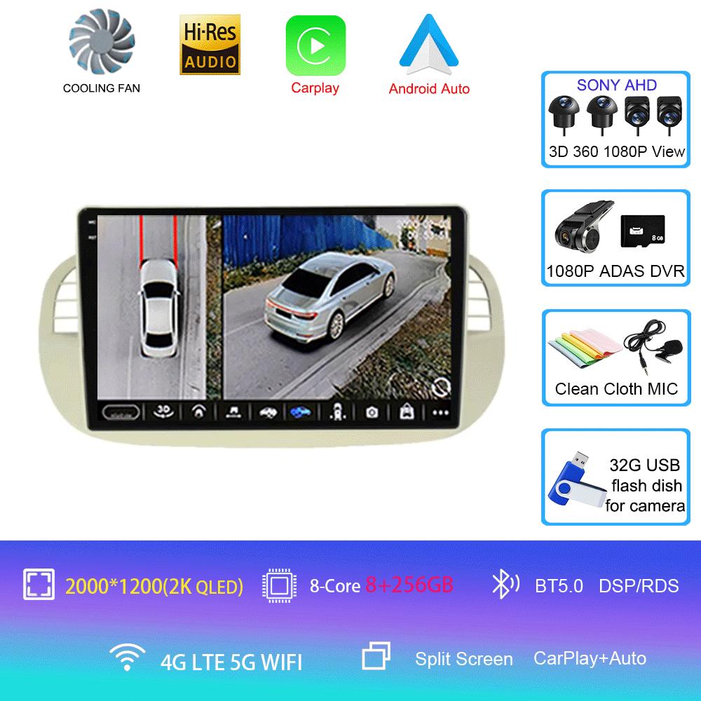Car Radio Android 14 For Fiat 500 Navigation GPS Multimedia Player Stereo 5GWiF+4G SIM BT Wireless Auto Carplay 360 Camera 2 DIN
