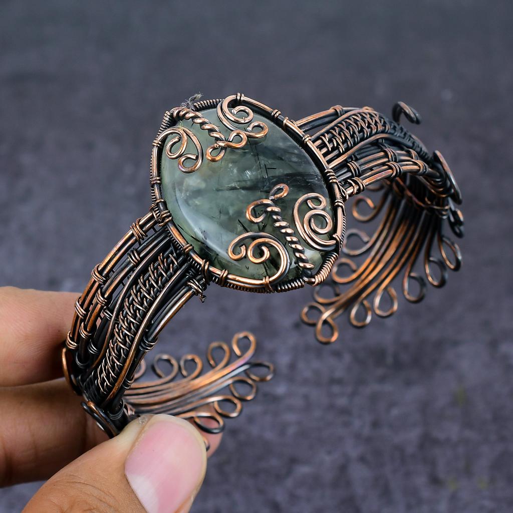 Prehnite Gemstone Handmade Copper Wire Wrap Cuff Bangle Adjustable i6Z56