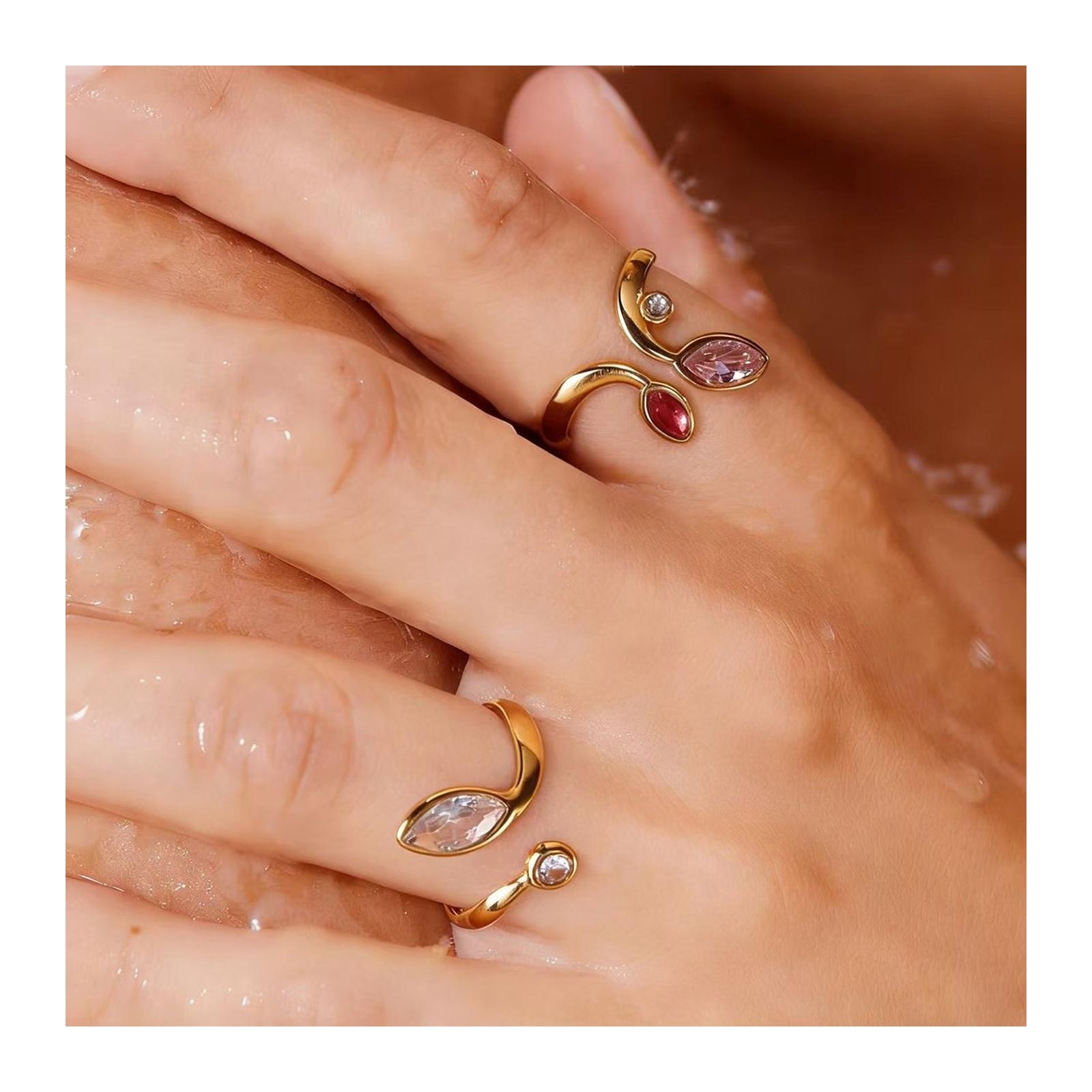 Leaf Ring for Women Cubic Zirconia Stainless Steel Adjustable Nature Statement Ring Jewelry Gift