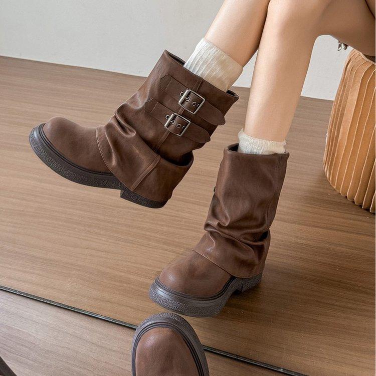 Retro pleated boots stacking boots 2025 spring and autumn new British style Martin boots round head thick heel knight boots short boots women