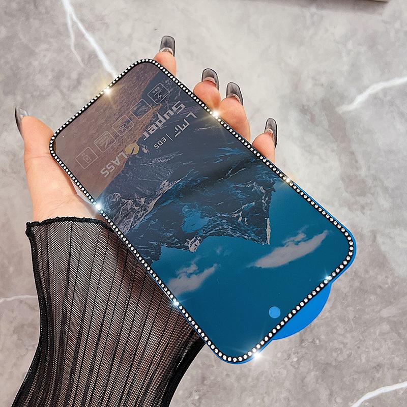 Luxury Glitter Diamond Tempered Glass Film For iPhone 15 14 13 12 11 Pro Max 14 15 Plus Anti Glare Screen Protector Film Guard For iPhone 11(6.1)