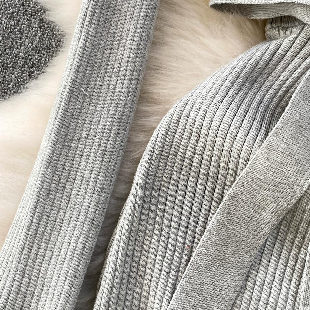 Podzim Zima Dámské Elegantní Svetr s V-výstřihem a Dlouhým Rukávem Pletený Pulovr Dlouhé Midi Šněrovací Županové Šaty