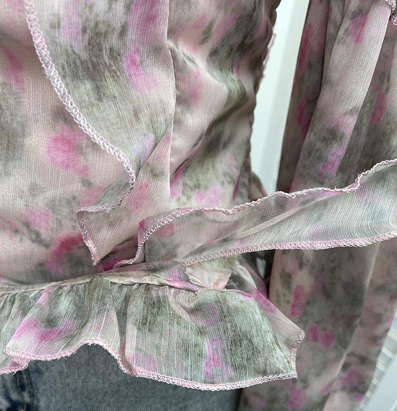 One-Shoulder Floral Print Bustier with Bell Sleeves and Lace-Up Back