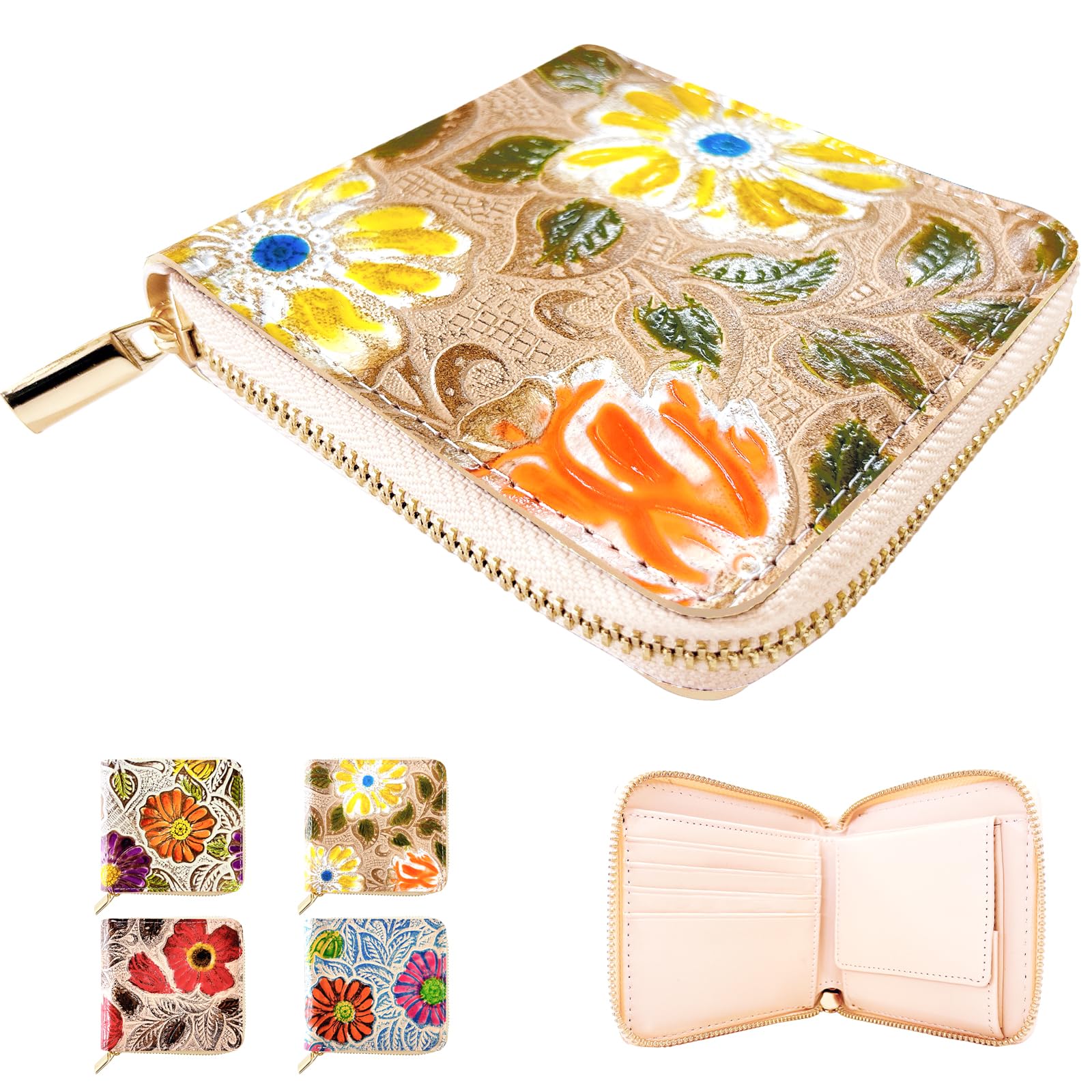 

Trendy Yamagishi Bifold Leather Genuine Cowhide Round Luxury Floral Retro Floral Yellow Women s Wallet, Leather, Zipper, Compact, Print, Embossed,