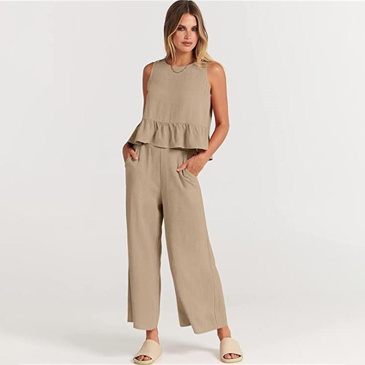 Letní dámská móda bez rukávů plisovaná vesta široké nohavice devítiminutové kalhoty ležérní oblek