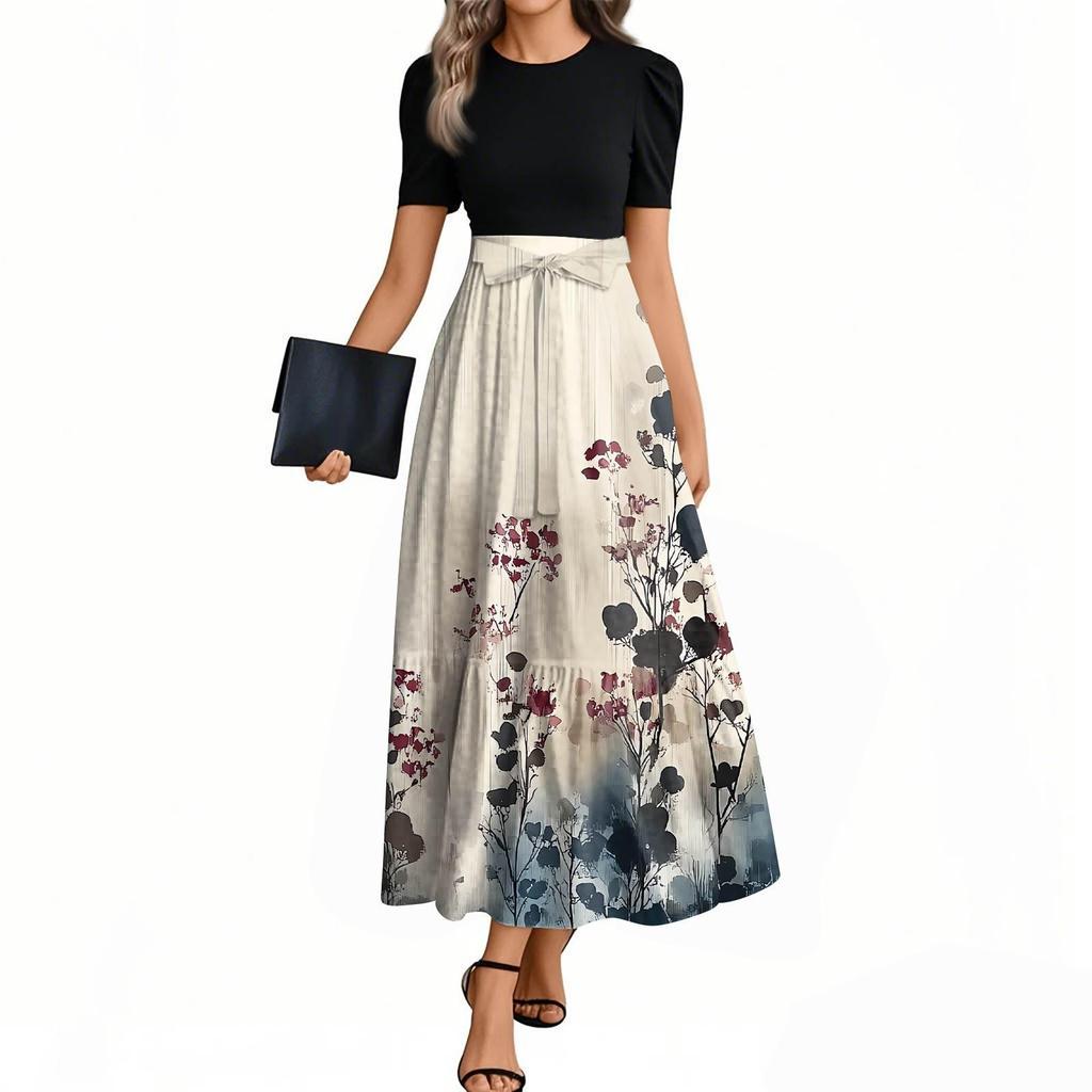 Women's Floral Print High Waist Fashionable And Elegant Dress