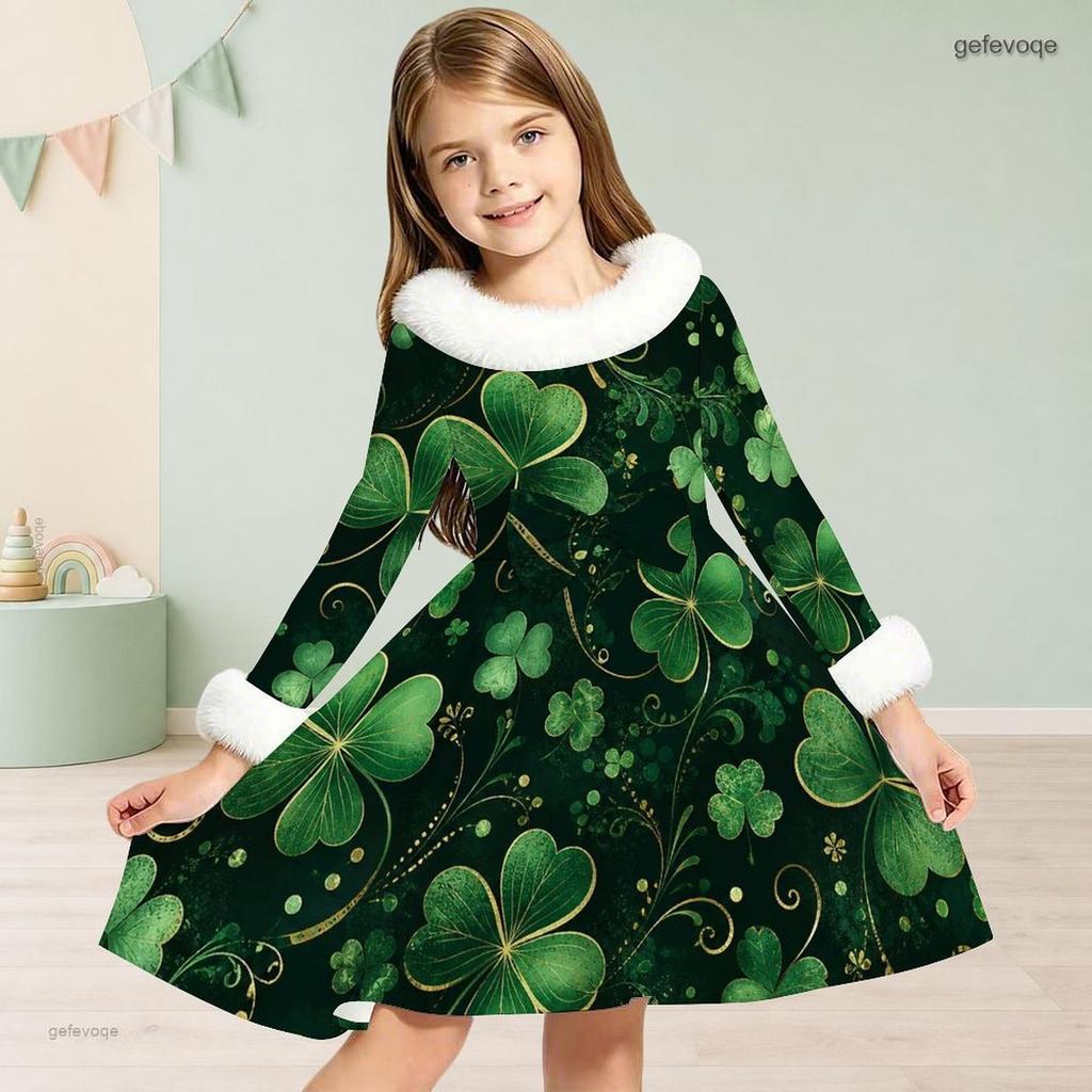 Girls Furry Collar Long Sleeve Dark Blue Snowflake Printed A Line Dress With Big Bow