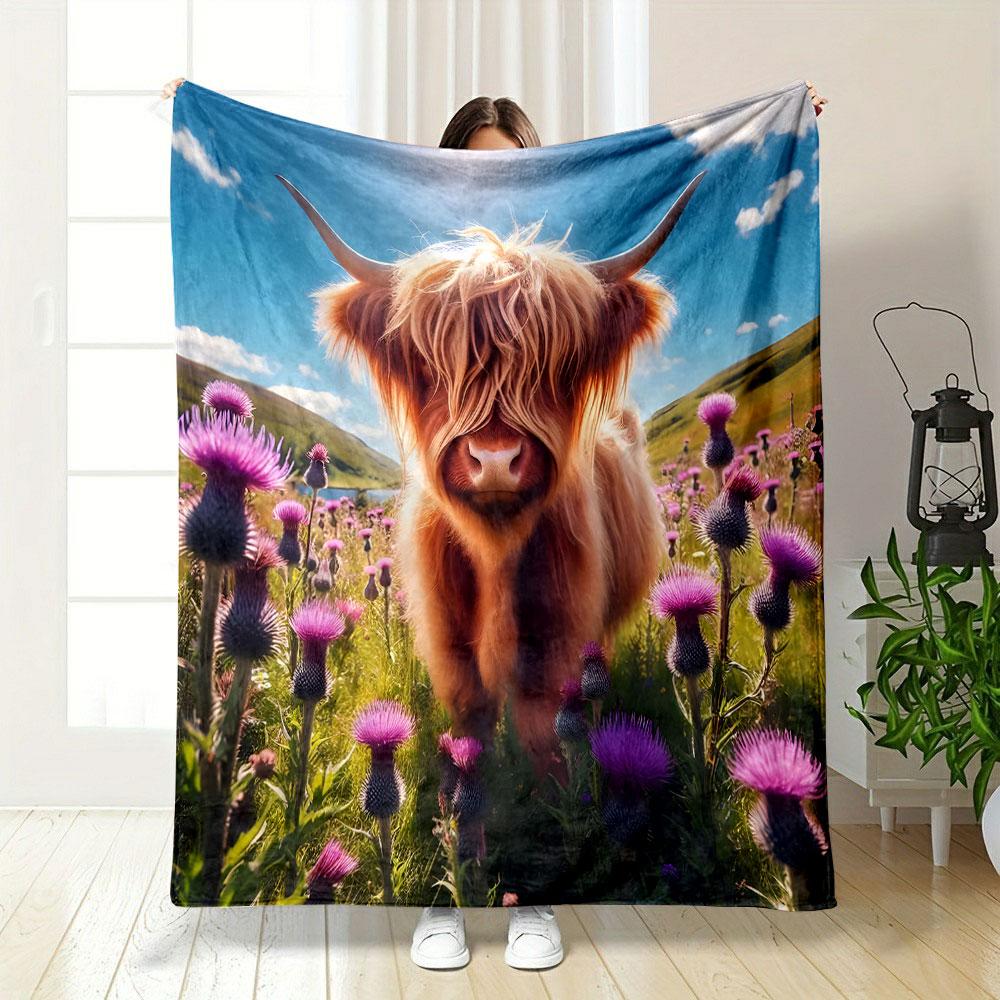 Highland Cow In Purple Thistle Field Patterned Blanket, Flannel, Suitable for All Seasons, Home Decor, Warm and Cozy