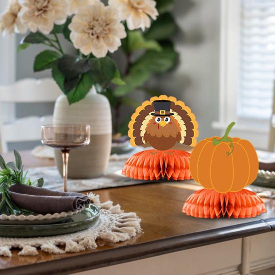 9 Pcs Fall Thanksgiving Honeycomb Decor Paper Pumpkin Maple Leaf Turkey Centerpiece 3D Honeycomb Standing Table Topper for Autumn Harvest Kitchen