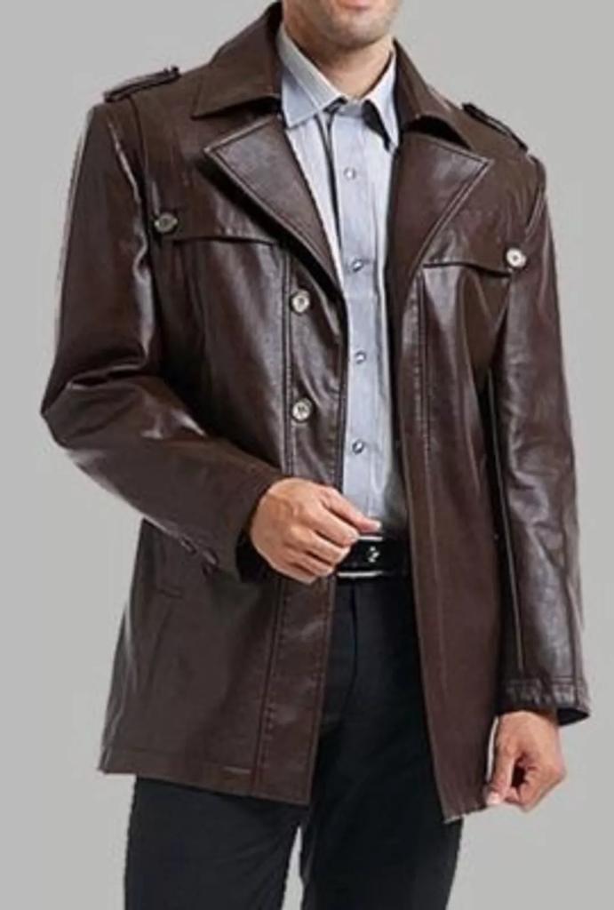 Men Genuine Lambskin Handmade Leather Trench Coat Stylish Formal Casual Brown