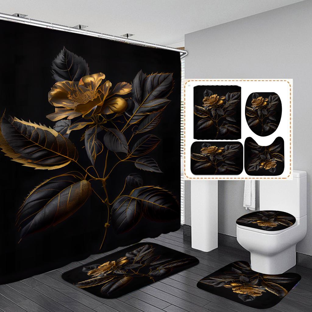 4Pcs Painted Floral Shower Curtain Set with Non-Slip Bath Mat, Toilet Lid Cover, Contour Rug & 12 Hooks, Bathroom Decor