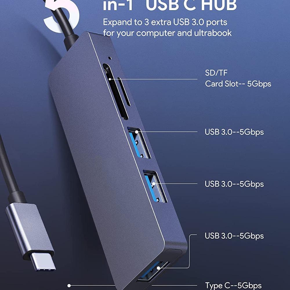 5 in 1 USB C Hub with SD TF Card Reader USB 3 0 and 2 0 Ports Compact Type C Adapter for Laptop MacBook