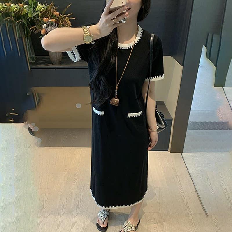 Plus Size French Round Neck Color Block Short Sleeve Dress - Elegant Summer Slimming Long Skirt for Women