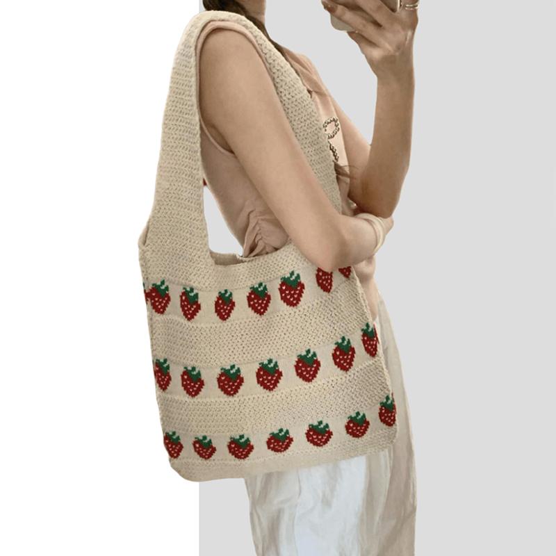 Shoulder Bag For Women Summer Strawberry Knitted Tote Bag Lightweight Travel Minimalist Shopper Hand Bag