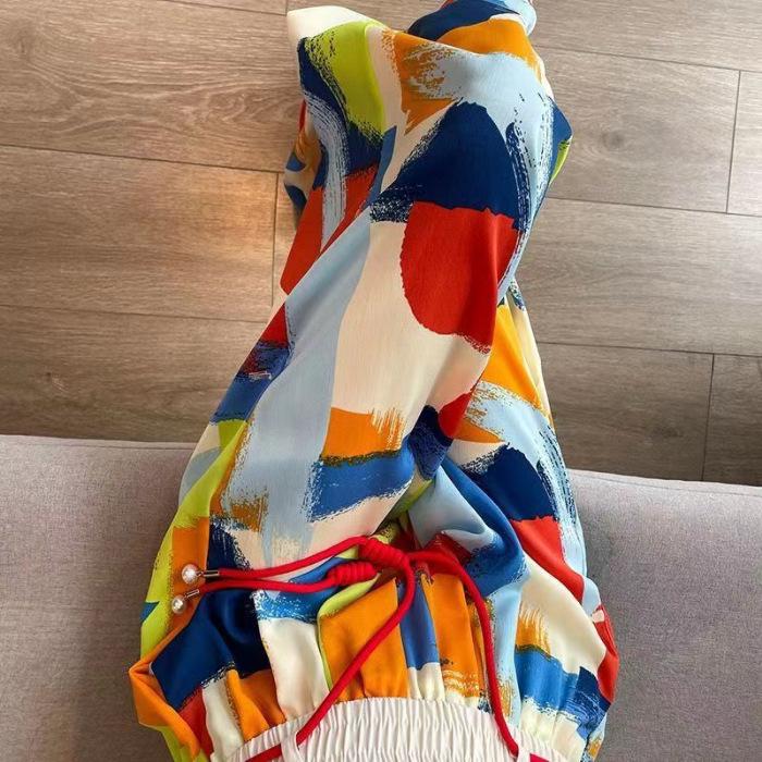 Plus Size Women's High-Waisted Tie-Dye Wide-Leg Summer Pants - Ice Silk, Slimming, Casual, Loose, and Draping.