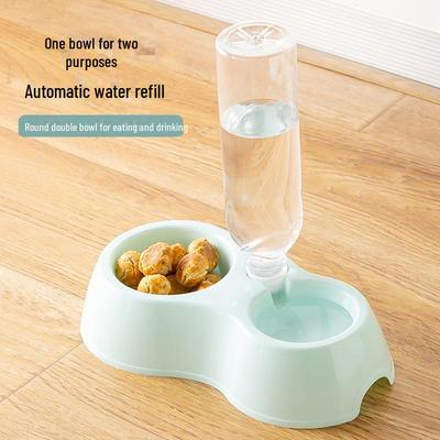 Pet Double Bowl Feeder with Water Bottle - Round Plastic Integrated Food & Water Dish for Cats