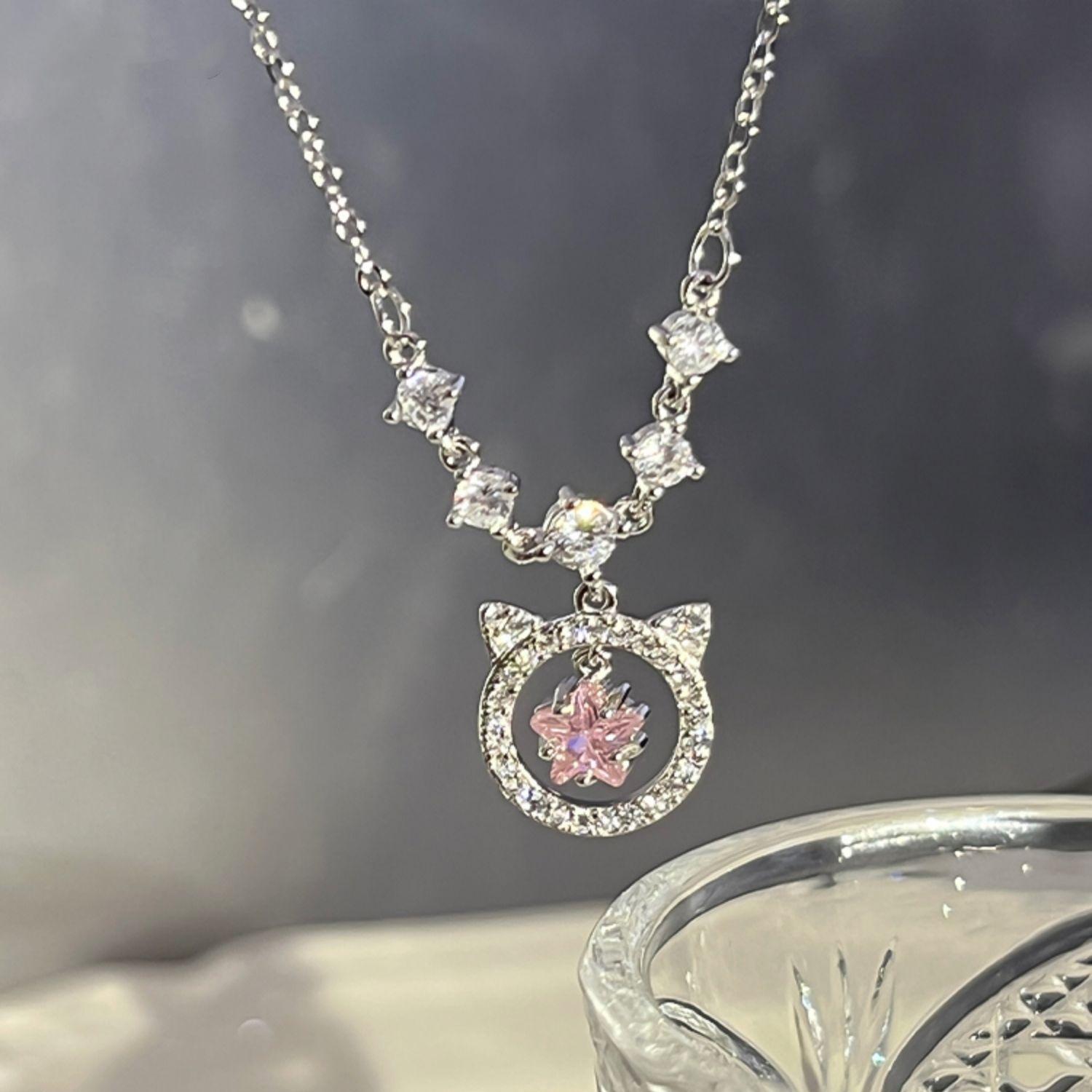 

Korean Style Ins Sweet Girl Cat Pendant Rhinestone 925 Sterling Silver Necklace Jewelry Wholesale 925 silver білий