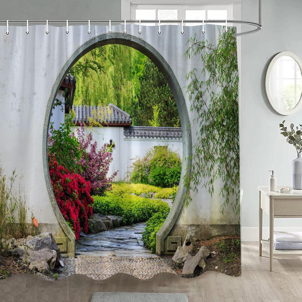 Chinese Style Garden Shower Curtains Green Bamboo Plants Arches Moon Door After Rain Landscape Polyester Bathroom Curtain Decor
