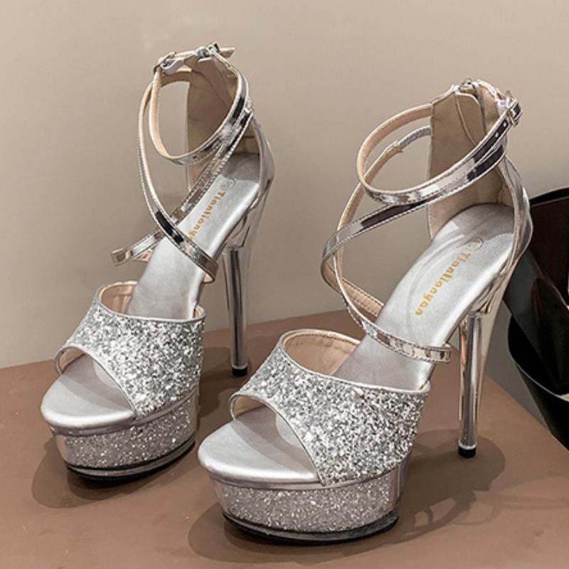 Fashion Women Wedding Party Stiletto Sandals Designer Shiny Sequin Pole Dance Shoes Clear Platform Shoes for Lady Summer 15CM High Heels