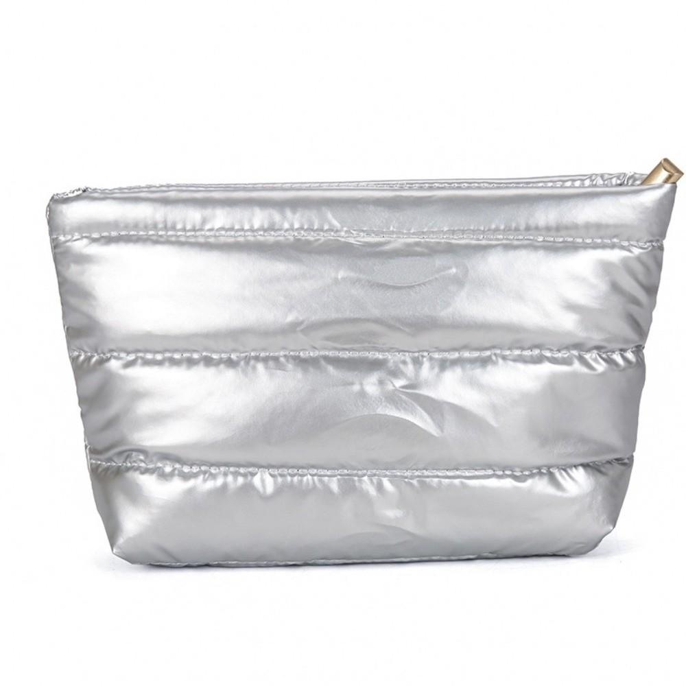 New Solid Color Cosmetic Bag Large Capacity Zipper Quilted Toiletry Pouch Fluffy Nylon Women Clutch Bag