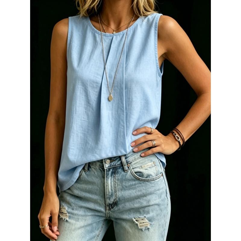 Fashion Loose Women Solid Color Irregular Sleeveless Round Neck Tank Top
