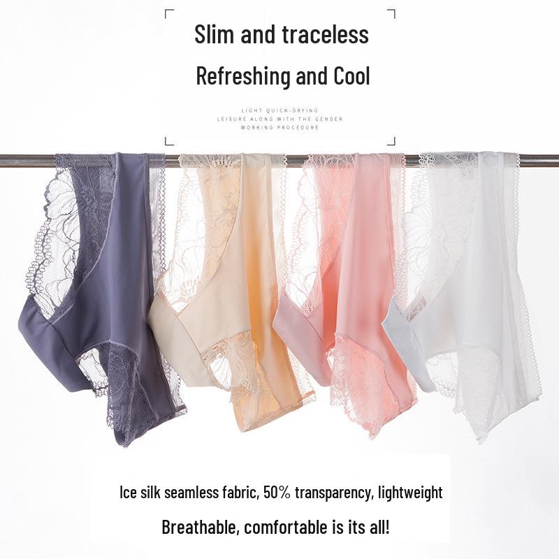 Ice Silk Seamless Lace Panties - Women's Mid-Waist All-Cotton Antibacterial Crotch, Breathable Summer Shorts