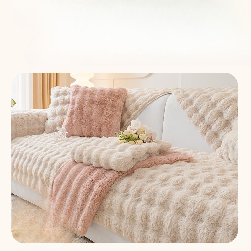 Thickened Fleece Sofa Cushion Non-Slip Leather Sofa Cover Rabbit Plush Cushion High-End Nordic Simple Winter