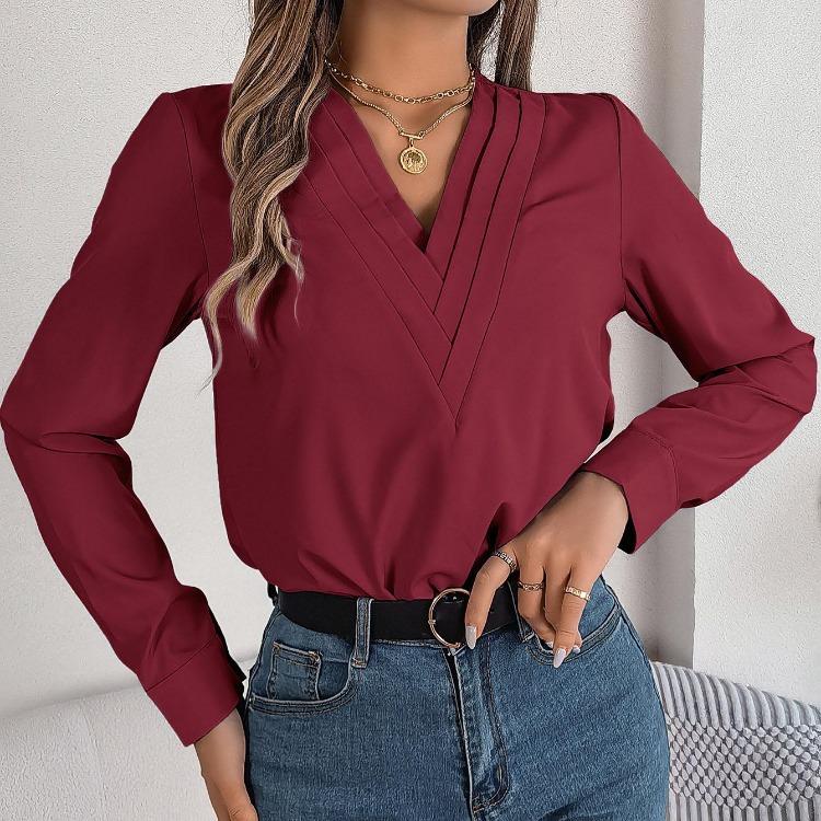 Dámská halenka s dlouhým rukávem a výstřihem do V, šifonový top, jednobarevné tričko, streetové oblečení, dámské tričko