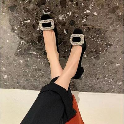 Square Head Shallow Mouth Commuter Single Shoe Female Spring/Autumn New Water Diamond Square Button Silk High Heel Shoes Womens