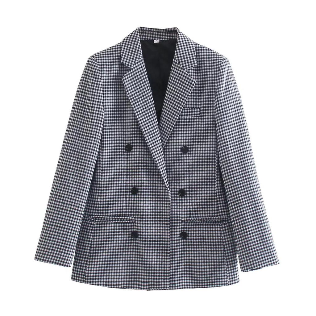 European & American Style Women's Plaid Double-Breasted Suit Jacket - Autumn 2024 Top 5 Colors