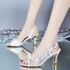 Luxury sandals women's middle heel 2024 summer new British windfish mouth with diamond mesh high heels Women's shoes